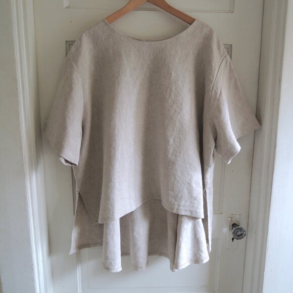 Tan 100% Linen High Low Peplum Back Lagenlook Tunic XL/1X - Picture 1 of 11